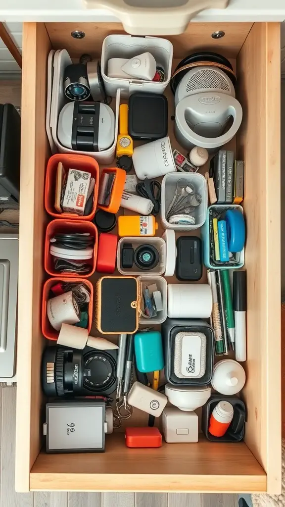 21+ Creative Drawer Organization Ideas for a Clutter-Free Home 15 An organized junk drawer with various items neatly arranged in containers.