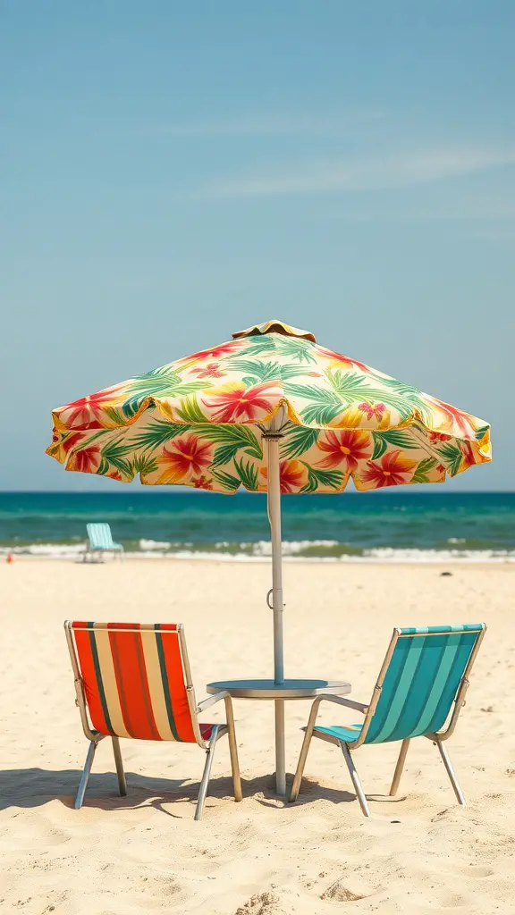 17+ Creative Patio Umbrella Ideas for Your Outdoor Space 8 A tropical print patio umbrella with vibrant flowers and leaves, providing shade over two colorful chairs on a sandy beach.