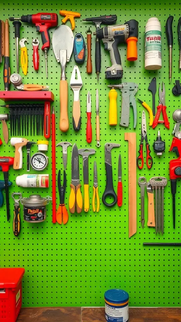 25 Creative Craft Organization Ideas You’ll Love 9 A vibrant green pegboard wall displaying various tools and materials organized neatly.