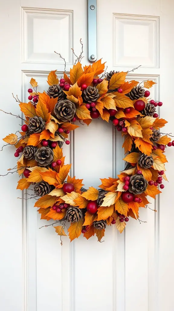 23+ Creative Fall Crafts to Sell This Season 2 A beautiful fall wreath made of orange leaves, pinecones, and red berries hanging on a door.