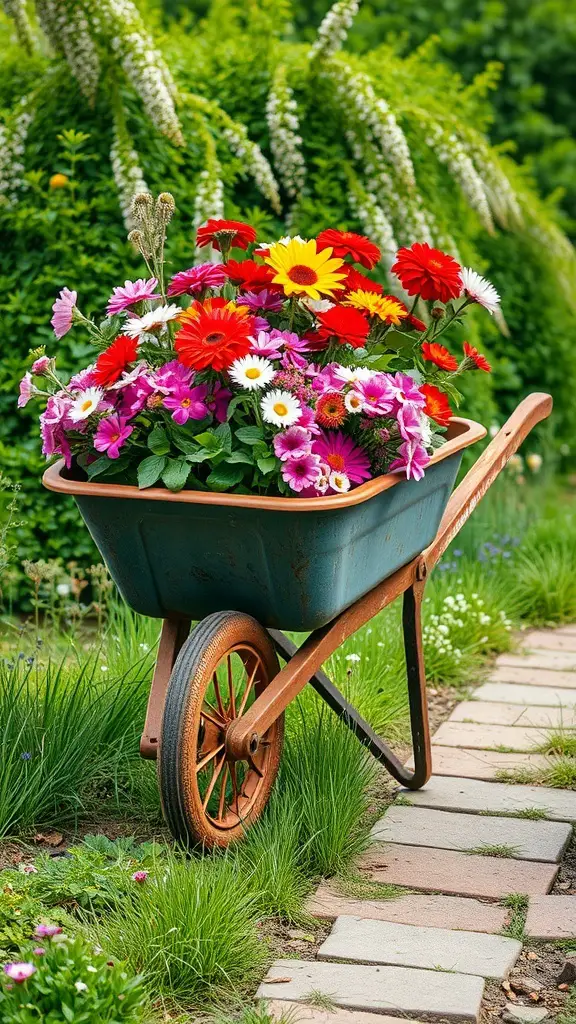 19+ Stunning Rusty Metal Garden Art Pieces to Transform Your Outdoor Space 9 A rusty wheelbarrow filled with colorful flowers in a garden setting.