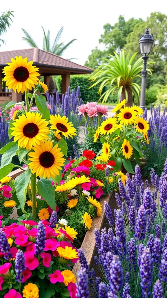 25+ Stunning Italian Garden Ideas for Your Outdoor Space 8 Colorful flower borders in an Italian garden featuring sunflowers and lavender.