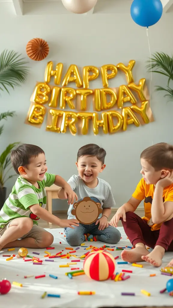 23+ Creative Curious George Birthday Party Ideas for a Fun Celebration 6 Children playing at a birthday party with monkey-themed decorations and games.