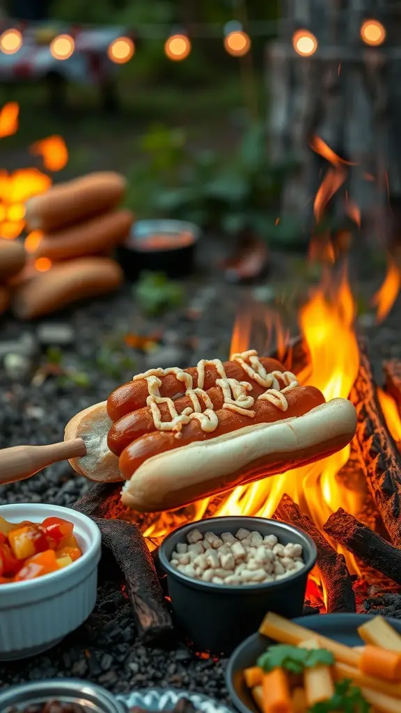 21+ Fun and Creative Bonfire Party Ideas for Unforgettable Nights 6 Gourmet hot dogs being cooked over a campfire with toppings and sides