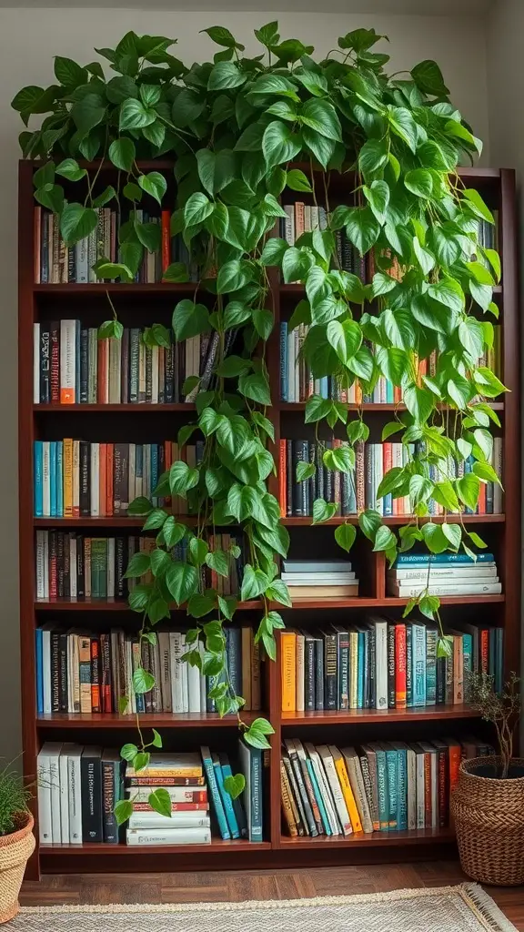 37+ Best Indoor Plants for Low Light Living Spaces 7 A lush Pothos plant trailing over a bookshelf filled with books.
