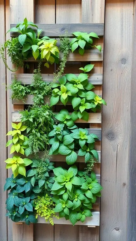 21+ Creative Pallet Garden Ideas You Need to Try 8 A vertical herb garden made from a wooden pallet with various green plants.