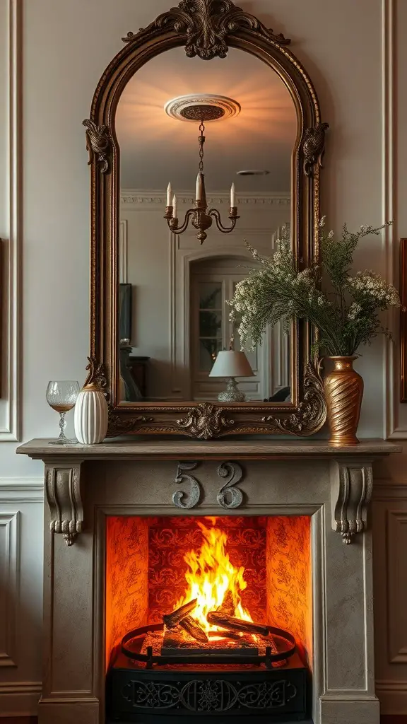 27+ Stylish Fireplace Decor Ideas You’ll Love 16 A beautifully decorated fireplace with an ornate gold mirror reflecting a classic portrait.