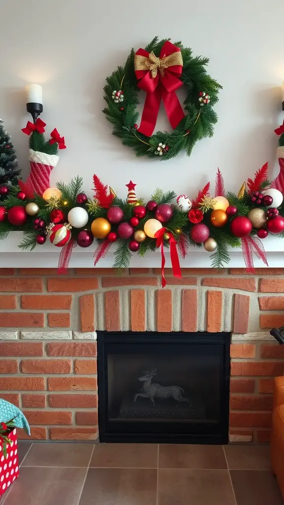 23+ Creative Christmas Crafts for Adults to Try This Holiday Season 15 A beautifully decorated mantel with a vibrant garland featuring shiny ornaments, red ribbons, and greenery.