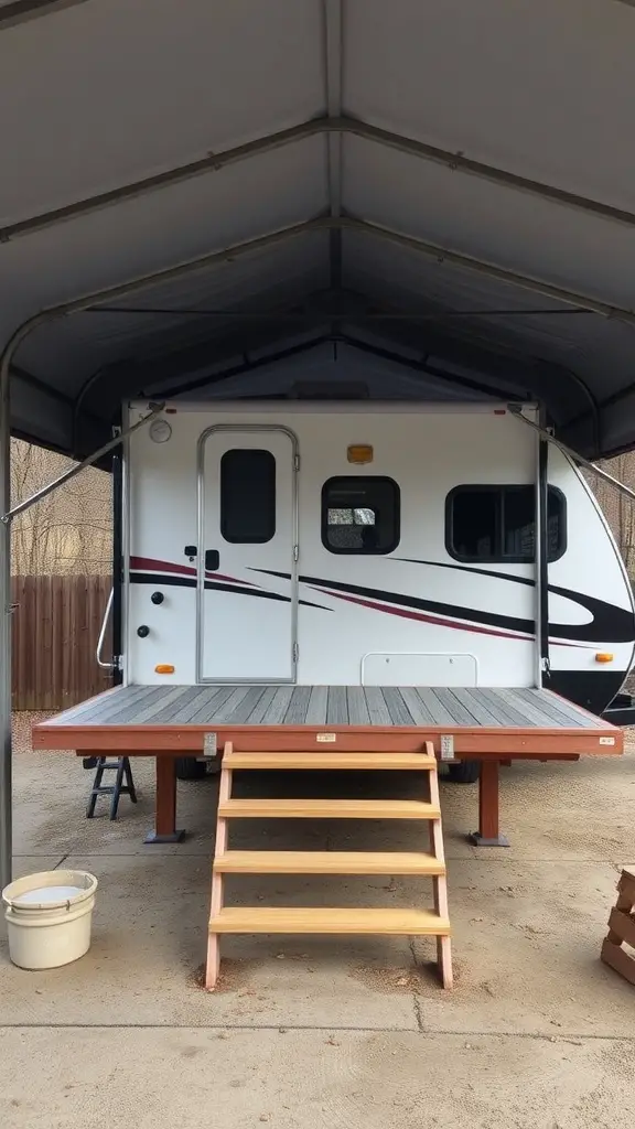 15+ Stylish RV Covers with Deck Designs to Elevate Your Outdoor Space 6 An RV with a wooden deck and steps leading up to it, under a protective cover.