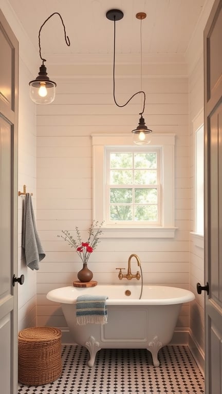 31+ Inspiring Farmhouse Bathroom Ideas You’ll Love 7 A cozy farmhouse bathroom featuring hanging pendant lights, a freestanding tub, and rustic decor.