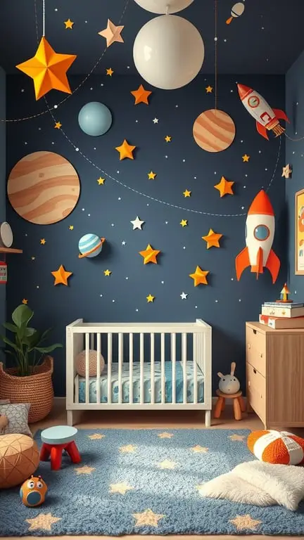 27+ Adorable Baby Nursery Ideas for Boys 6 A cozy baby nursery decorated with space exploration elements, featuring a crib, colorful stars, planets, and a rocket theme.