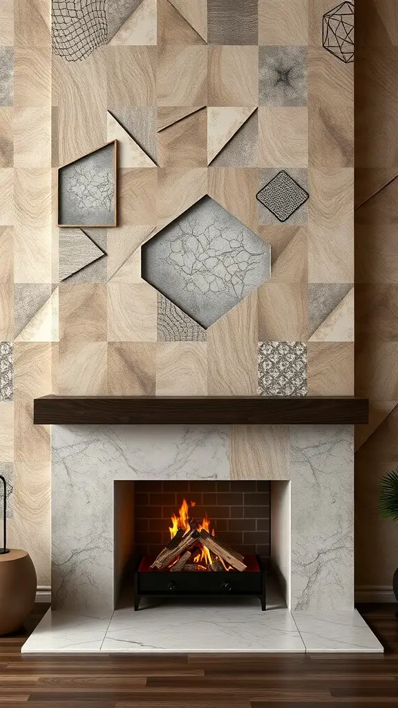 19+ Creative Fireplace Wall Ideas to Transform Your Space 13 A fireplace wall featuring geometric wooden panels and a marble fireplace surround.