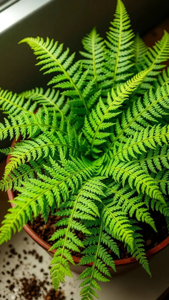 A lush green fern in a pot with coffee grounds scattered around it.