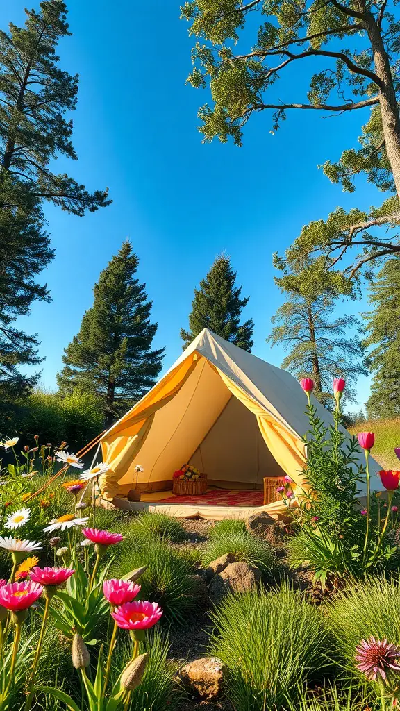 25+ Creative Tent Camping Setup Ideas for Your Next Adventure 17 A cozy tent setup surrounded by flowers and trees in a natural setting.
