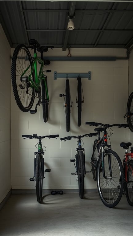 15 Creative DIY Shed Plans for Your Backyard Oasis 13 A bike storage shed with several bicycles, including a green bike mounted on the wall and others standing on the ground.