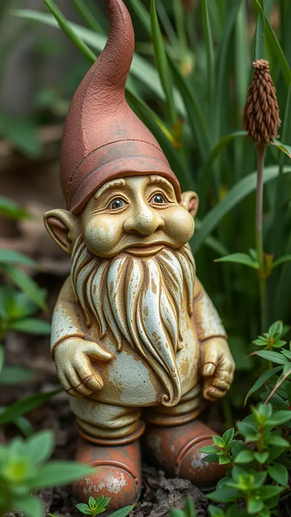 19+ Stunning Rusty Metal Garden Art Pieces to Transform Your Outdoor Space 3 A charming rusty garden gnome with a friendly smile and a pointed hat, surrounded by green plants.