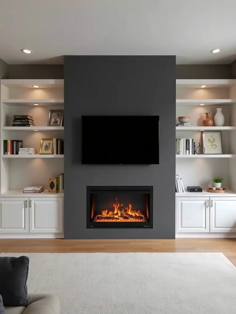 21+ Stunning Electric Fireplace Wall Ideas to Transform Your Space 4 A modern living room featuring a built-in electric fireplace with shelving on either side.