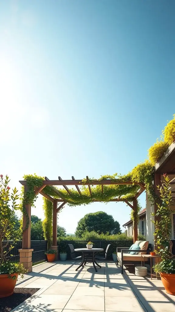 23+ Creative Patio Roof Extension Ideas You’ll Love 4 A beautiful open-air pergola with lush greenery and cozy seating on a patio.