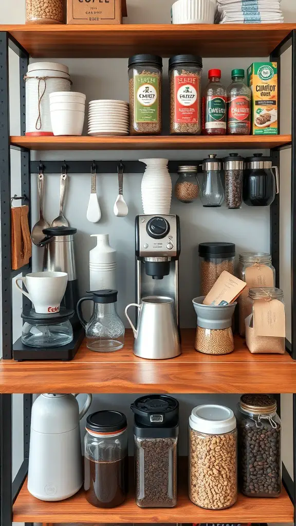A well-organized DIY coffee bar with coffee maker, jars, and utensils.