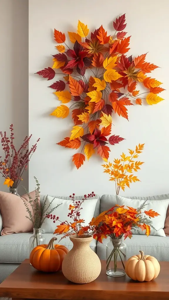 23+ Cozy Fall Living Room Decor Ideas to Transform Your Space 10 A cozy living room decorated with colorful fall foliage, featuring a wall display of leaves and vases with flowers and pumpkins.