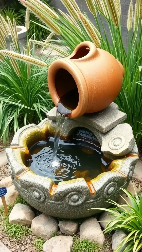 19+ Beautiful Small Garden Waterfalls to Transform Your Outdoor Space 9 A ceramic pot water feature with water flowing into a basin, surrounded by green plants.