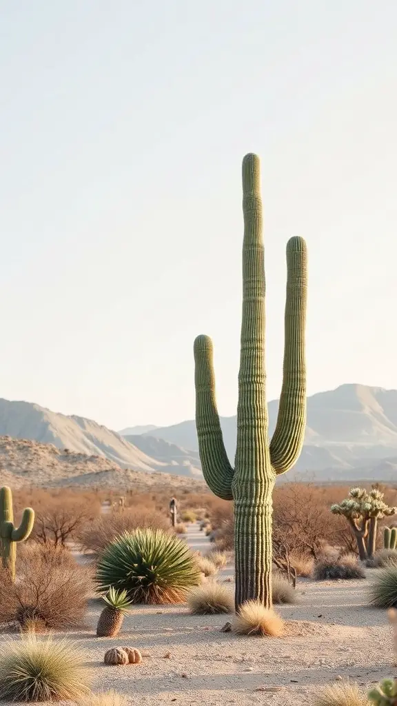 25+ Stunning Desert Landscaping Ideas for Your Front Yard 2 A tall saguaro cactus surrounded by smaller desert plants in a scenic landscape.