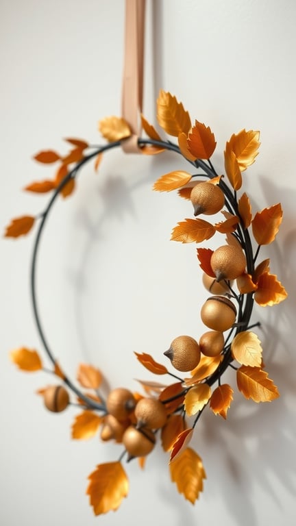 23+ Stunning Fall Wreath Ideas to Welcome the Season 13 Chic metallic acorn wreath with golden leaves and acorns on a black frame.