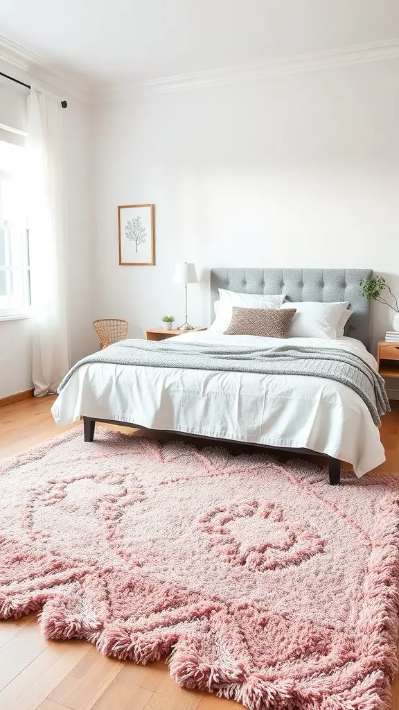 25+ Stunning Pink and Grey Bedroom Ideas for a Chic Retreat 7 A cozy pink rug in a grey and pink bedroom setting.