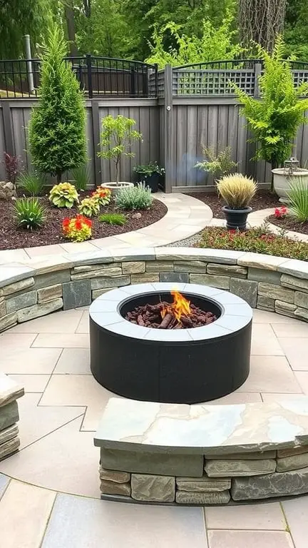 21+ Stunning Firepit Backyard Landscaping Ideas You’ll Love 10 A modern firepit surrounded by built-in stone seating and colorful landscaping.