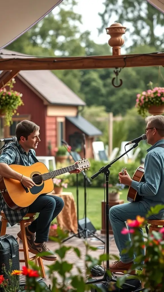 21+ Delightful Wedding Garden Party Ideas to Inspire Your Celebration 15 Two musicians performing with guitars at a garden party