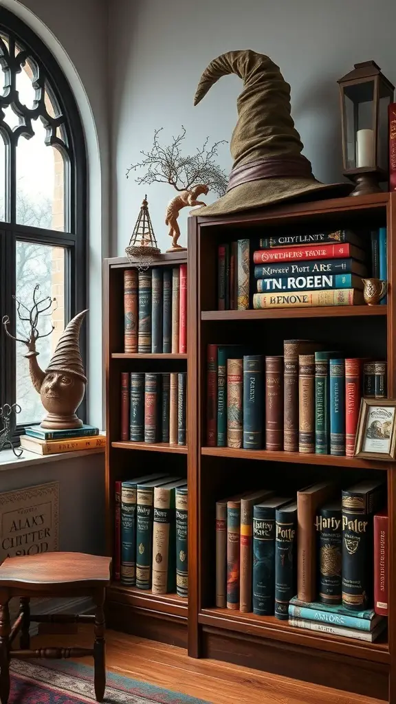 27+ Magical Harry Potter Room Decor Ideas for Every Fan 4 A cozy bookshelf decorated with Harry Potter-themed items, including a Sorting Hat and vintage books.