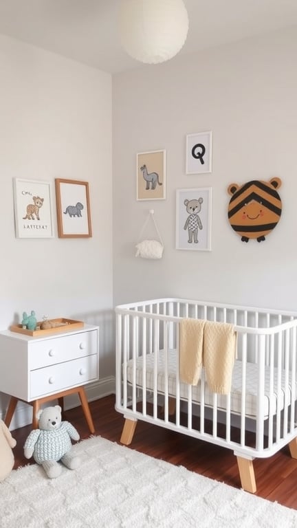 31+ Creative Small Nursery Ideas for Space-Saving Solutions 6 A small nursery with a white crib, light wood dresser, and creative wall decor featuring animal illustrations.