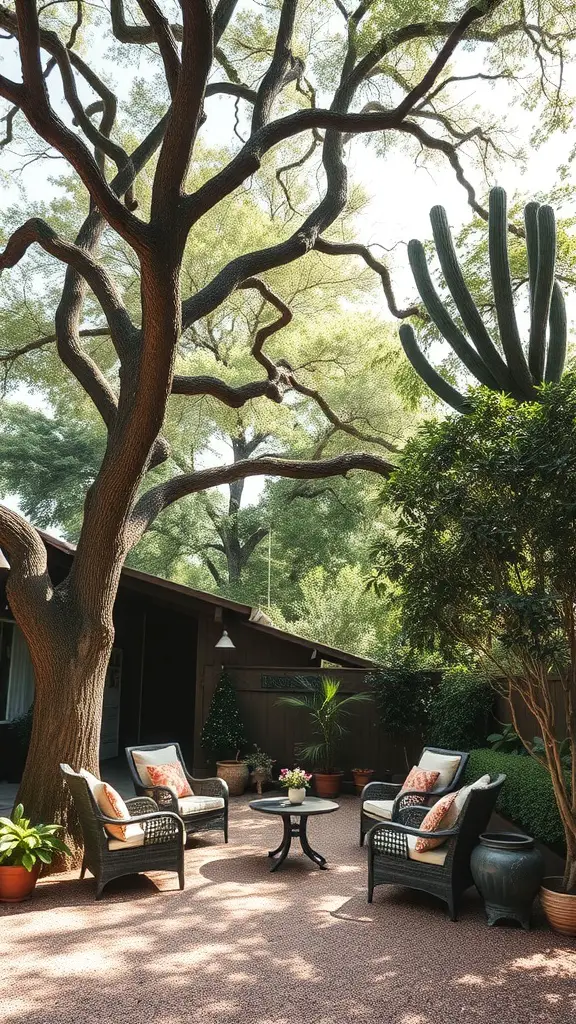 A cozy patio with comfortable chairs and a table, shaded by large trees and surrounded by potted plants.