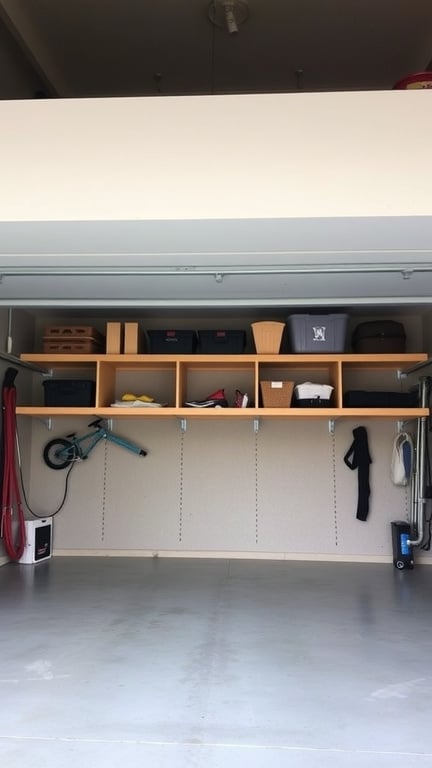 19+ Creative Garage Loft Storage Ideas You Need to Try 4 Organized garage with sliding storage solutions, featuring shelves and storage bins.