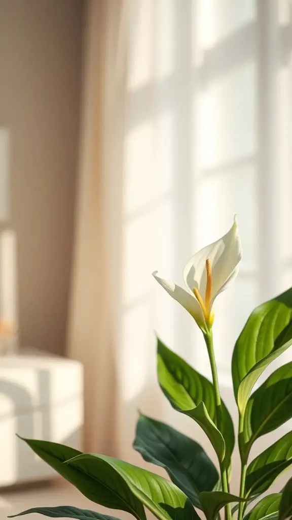 37+ Best Indoor Plants for Low Light Living Spaces 2 A Peace Lily plant with white blooms and green leaves in a softly lit room.