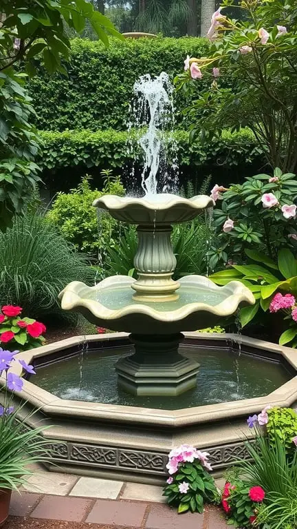 19+ Stunning Tiered Garden Ideas to Elevate Your Outdoor Space 5 A tiered water fountain surrounded by colorful flowers and lush greenery.