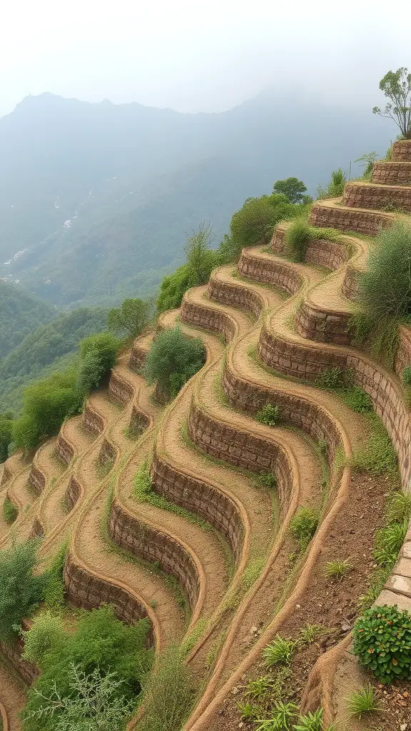 19+ Inspiring Terraced Landscaping Ideas for Your Outdoor Space 11 Terraced landscaping on a hillside with lush greenery and curved steps