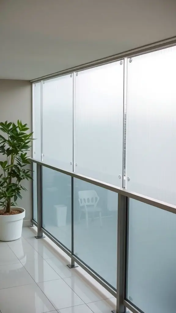 21+ Creative Balcony Privacy Ideas You’ll Love 15 A balcony with frosted glass panels providing privacy and a modern look.