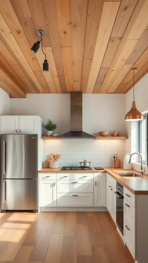 A kitchen with a tongue and groove pine ceiling, featuring modern appliances and warm wood tones.