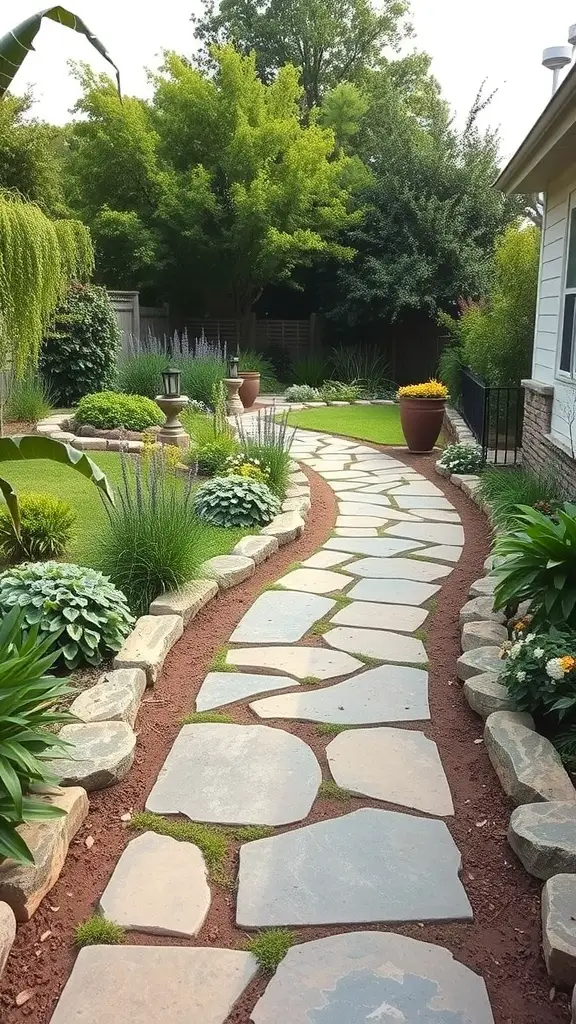 23+ Enchanting Cottage Core Backyard Ideas to Transform Your Outdoor Space 7 A winding natural stone pathway surrounded by lush greenery and colorful flowers in a backyard.