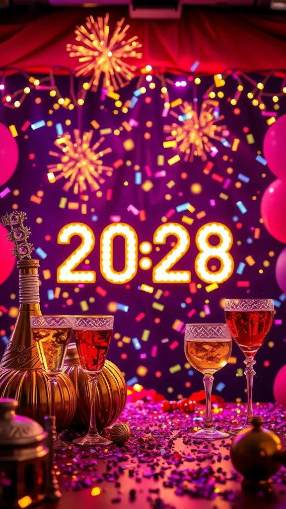 21+ Fun Winter Birthday Party Ideas for All Ages 16 A festive New Year's countdown celebration with drinks, confetti, and a glowing clock.