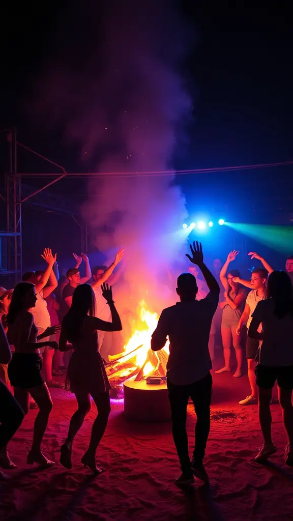 21+ Fun and Creative Bonfire Party Ideas for Unforgettable Nights 17 A lively bonfire dance party with people dancing around a fire, illuminated by colorful LED lights.