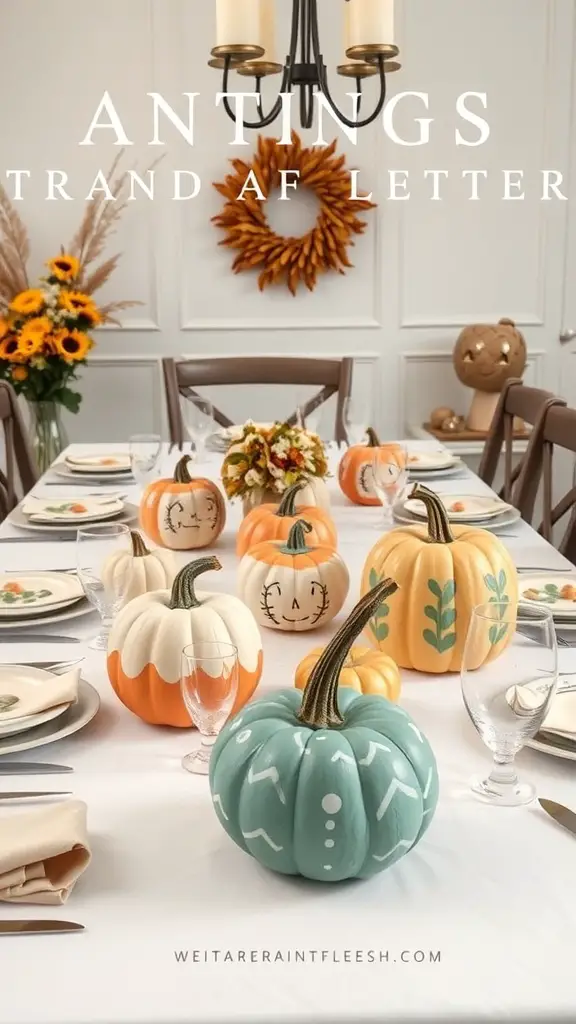 25+ Unique Fall Pumpkin Crafts to Try This Season 7 A table set with various painted pumpkins as centerpieces, surrounded by sunflowers and a warm wreath.