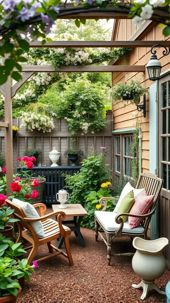21+ Cottagecore Garden Essentials for a Whimsical Outdoor Retreat 2 A cozy garden corner featuring vintage furniture, surrounded by colorful flowers and greenery.