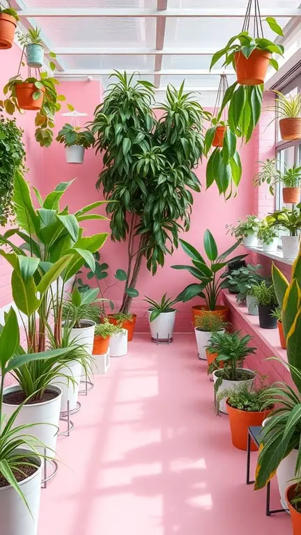 31+ Gorgeous Pink and Green Nursery Ideas for a Dreamy Space 16 A bright nursery with various plants against a pink wall, featuring hanging pots and colorful planters.