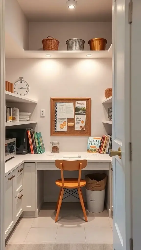 25+ Creative Corner Kitchen Pantry Ideas You’ll Love 17 A cozy corner kitchen pantry with a small desk area, shelves, and warm lighting.