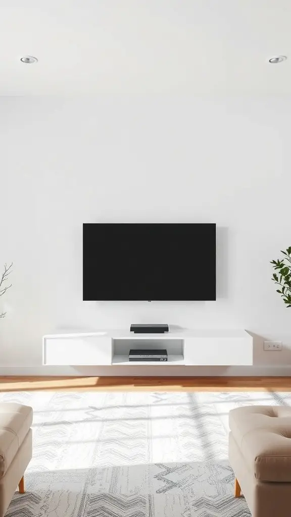 25+ Stunning TV Wall Ideas for Your Living Room 13 Minimalist living room with a floating TV stand and wall-mounted TV