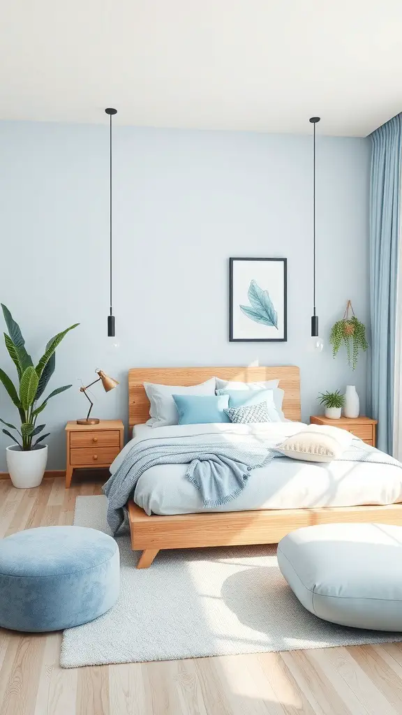 A contemporary bedroom featuring light blue walls, wooden furniture, and stylish decor.
