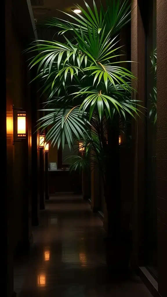 37+ Best Indoor Plants for Low Light Living Spaces 15 A Bamboo Palm in a dimly lit hallway with soft lighting.
