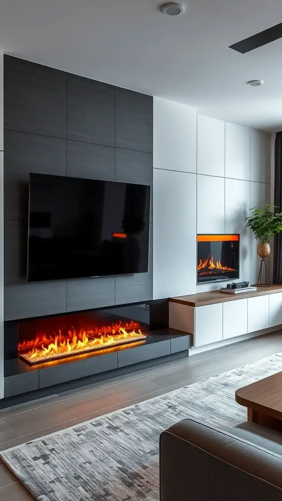 21 Stunning Fireplace TV Wall Ideas for Your Living Room 13 A modern living room wall featuring a TV above an electric fireplace, with the word 'LOCIM' displayed above.